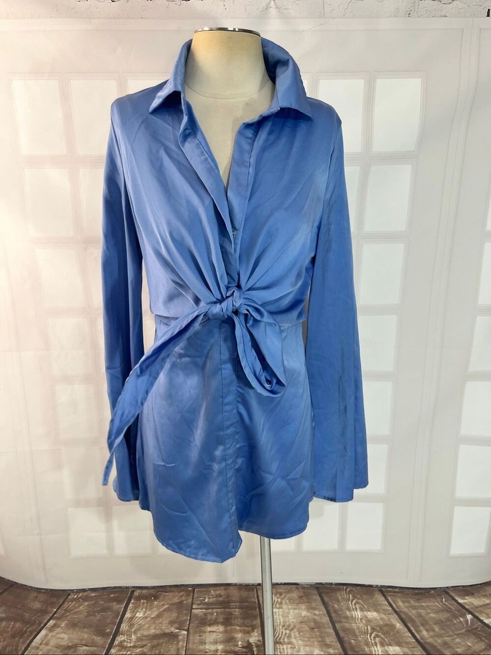 Hello Molly Blue New Perspective Satin Long Sleeve Mini Shirt Dress Size Medium